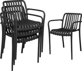 Set 4 Scaune de Grădină Outsunny Stivuibile din PP Rezistent la Razele UV, Scaune de Luat Masa pentru Exterior cu Spătar Ergonomic cu Lamele și Brațe, pentru Terasă, Balcon, Grădină, 55x58,5x81,5 cm, Negru | Aosom Romania