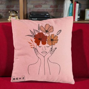 Perna Decorativa Portret Feminin Coroana Trei Flori, 40x40 cm, Roz, Husa Detasabila, Perna Inclusa, BEKZ®