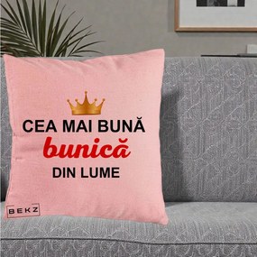 Cadou pentru Bunica - Perna Personalizata Cea Mai Buna Bunica Din Lume Coroana Aurie, 40x40 cm, Roz, Husa Detasabila, Perna Inclusa, BEKZ®