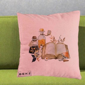 Perna Decorativa Grimoire Vrajitoare si Filtre Magice Halloween, 40x40 cm, Roz, Husa Detasabila, Perna Inclusa, BEKZ®