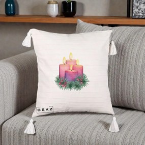 Perna Decorativa Lumanari Advent Roz-Violet, 40x40 cm, Bej cu Franjuri, Husa Detasabila, Perna Inclusa, BEKZ®