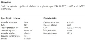 Stalp pentru exterior design modern, IP44 BOSTON antracit