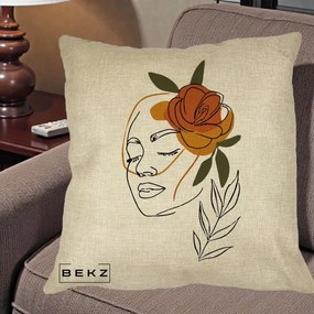 Perna Decorativa Portret Feminin Trandafir Ruginiu, 40x40 cm, Crem, Husa Detasabila, Perna Inclusa, BEKZ®