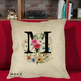 Cadou Personalizat - Perna Personalizata Monogram Litera M cu Flori Acuarela, 40x40 cm, Crem, Husa Detasabila, Perna Inclusa, BEKZ®