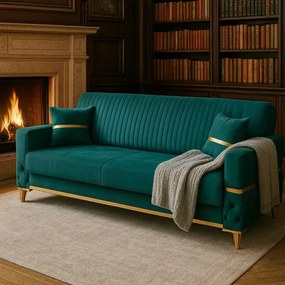 Canapea extensibila cu lada de depozitare 220x90x97 cm – stofa verde, detalii aurii –  Vegas