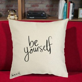 Perna Decorativa Be Yourself Caligrafie Neagra, 40x40 cm, Ecru, Husa Detasabila, Perna Inclusa, BEKZ®