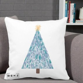 Perna Decorativa Brad de Craciun Acrilic Albastru, 40x40 cm, Alba Mata, Husa Detasabila, Perna Inclusa, BEKZ®