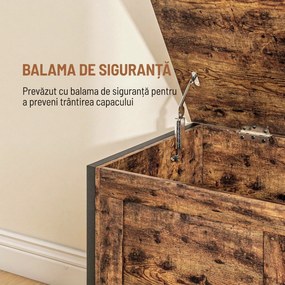 HOMCOM Bancă de Depozitare de 95L în Stil Industrial cu Capac cu Balamale de Siguranță, 80x40x49 cm, Maro Rustic | Aosom Romania