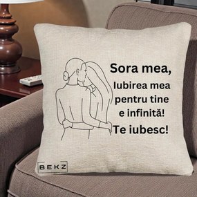 Cadou pentru Sora - Perna Personalizata Sora Mea Te Iubesc Imbratisare din Spate Line Art, 40x40 cm, Bej Canapea, Husa Detasabila, Perna Inclusa, BEKZ®