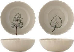 Set 2 boluri din ceramică artizanală natur cu finisaj antichizat și motive botanice cu frunze, 15,5×5 cm, "Aubrin"