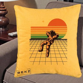 Perna Decorativa Astronaut Retro Space, 40x40 cm, Galben, Husa Detasabila, Perna Inclusa, BEKZ®
