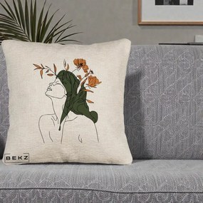 Perna Decorativa Portret Feminin Profil Flori Portocalii, 40x40 cm, Bej Canapea, Husa Detasabila, Perna Inclusa, BEKZ®