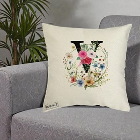 Cadou Personalizat - Perna Personalizata Monograma Florala Litera V cu Coroana, 40x40 cm, Ecru, Husa Detasabila, Perna Inclusa, BEKZ®