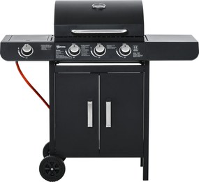Outsunny Grătar pe gaz cu 3 arzătoare principale + 1 arzător lateral, raft, oțel inoxidabil, negru, 110 x 50 x 100 cm | Aosom Romania