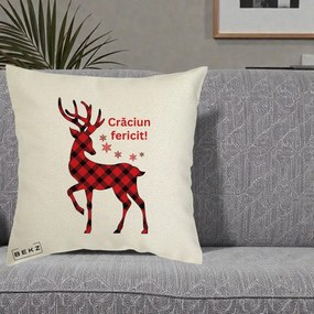 Perna Decorativa Ren Tartan Craciun Fericit, 40x40 cm, Ecru, Husa Detasabila, Perna Inclusa, BEKZ®