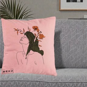 Perna Decorativa Portret Feminin Profil Flori Portocalii, 40x40 cm, Roz, Husa Detasabila, Perna Inclusa, BEKZ®