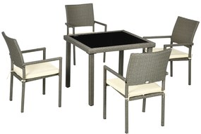 Outsunny Set Mobilier pentru Patio din Ratan PE, 5 Piese, Masă cu Blat de Sticlă și 4 Scaune cu Perne Moi, Gri | Aosom Romania