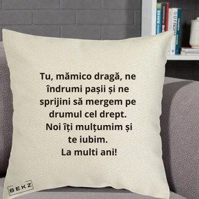 Cadou pentru Mama - Perna Personalizata Mamico Draga Te Iubim La Multi Ani cu Text Negru, 40x40 cm, Ecru, Husa Detasabila, Perna Inclusa, BEKZ®