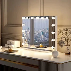 Oglindă cosmetică, iluminată, 15 becuri LED, conexiune Bluetooth, Difuzor, USB, Control Touch, Luminozitate Reglabilă, GLAM BLUETOOTH 58x46 cm