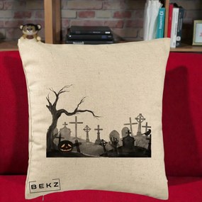 Perna Decorativa Halloween Cimitir Acuarela cu Dovleac, 40x40 cm, Bej, Husa Detasabila, Perna Inclusa, BEKZ®