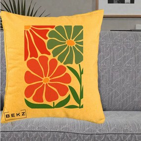 Perna Decorativa Flori Grafice Rosu-Albastru, 40x40 cm, Galben, Husa Detasabila, Perna Inclusa, BEKZ®