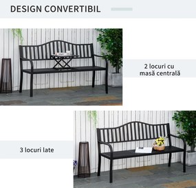 Bancă de Grădină Outsunny din Metal cu Măsuță Centrală Retractabilă, Bancă Loveseat pentru Terasă cu Șezut și Spătar cu Șipci, pentru 2–3 Persoane, Neagră | Aosom Romania