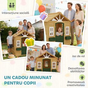 AIYAPLAY Căsuță de Grădină pentru Copii din Lemn de Molid, Căsuță de Exterior cu 3 Ferestre, 2 Jardiniere, Ușă și Acoperiș, pentru Copii 3-8 Ani, Interior și Exterior, 134.5x97x150 cm, Maro | Aosom Romania