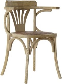 Scaun dining cu brațe din lemn de ulm, natur, spătar sculptat în evantai și șezut din ratan împletit, finisaj natural, 78 x 57 x 46 cm, „Sophie”