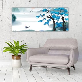 Tablou - Pictură, lac cu barcă (120x50 cm)