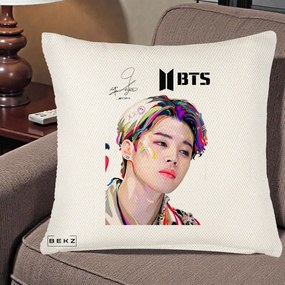 Perna Personalizata K-pop BTS Jimin Portret Artistic Multicolor cu Autograf, 40x40 cm, Crem Reliefat, Husa Detasabila, Perna Inclusa, BEKZ®