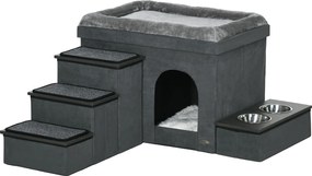 PawHut Casă pentru pisici, cușcă pentru pisici, grotă pentru pisici, 3 trepte pentru animale, 2 boluri de hrănire, 70 x 50 x 51 cm, Gri | Aosom Romania