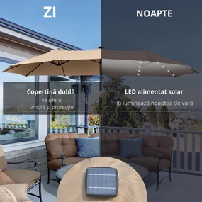 Outsunny Umbrelă Solară LED 4.5m, Sistem de Deschidere cu Manivelă, Rezistentă la Apă, Kaki | Aosom Romania