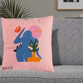 Perna Decorativa Femeie Albastra Cactus, 40x40 cm, Roz, Husa Detasabila, Perna Inclusa, BEKZ®