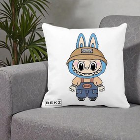Perna Personalizata Labubu Toanart Blugi, 40x40 cm, Alba Mata, Husa Detasabila, Perna Inclusa, BEKZ®
