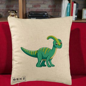 Perna Decorativa Parasaur Verde, 40x40 cm, Bej, Husa Detasabila, Perna Inclusa, BEKZ®