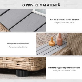 Outsunny Set Living de Gradina din Rattan, 4 Piese, Coltar pentru Exterior cu Perne, Masute Laterale si Masuta de Cafea, Maro Deschis | Aosom Romania