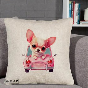 Perna Decorativa Chihuahua Roz in Masinuta, 40x40 cm, Bej Canapea, Husa Detasabila, Perna Inclusa, BEKZ®