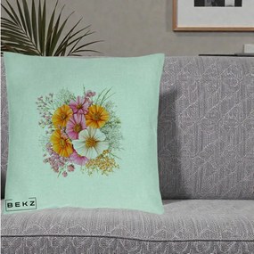 Perna Decorativa Buchet Cosmos Portocaliu Roz si Alb, 40x40 cm, Verde Menta, Husa Detasabila, Perna Inclusa, BEKZ®