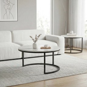 HOMCOM Set 2 Masute de Cafea care se Suprapun, Masute pentru Salon Rotunde din Metal si MDF Efect Marmura, Gri si Negru