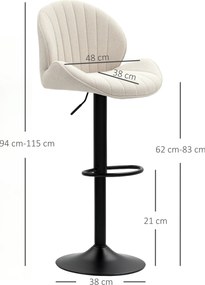 HOMCOM Set de 2 Scaune de Bar cu Suport pentru Picioare, din Țesătură cu Efect de Cinilie, 48x50x94-115 cm, Negru și Bej | Aosom Romania