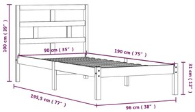 Cadru de pat Single 3FT, gri, 90x190 cm, lemn masiv Gri, 90 x 190 cm