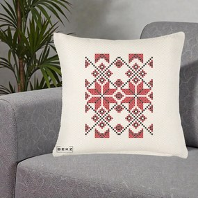 Perna Personalizata Motiv Traditional Cusatura Rosu-Negru, 40x40 cm, Crem Reliefat, Husa Detasabila, Perna Inclusa, BEKZ®