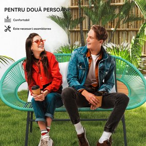 Outsunny Bancă de Grădină 2 Locuri din Răchită PE, Canapea de Exterior cu Perne, Cotiere și Cadru din Oțel, Bancă pentru Terasă și Curte, 132x72x83 cm, Verde Închis | Aosom Romania