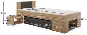 Pat de o persoană 90 cm Uniforme (stejar artisan + antracit) (cu sp. depozitare). 1116537