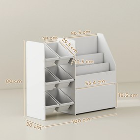 AIYAPLAY Mobilier depozitare copii depozitare jucării copii 6 cutii detașabile și cutie mare pe roți 100 x 30 x 80 cm alb | Aosom Romania