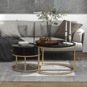 Set de 2 Măsuțe de Cafea Moderne Suprapuse cu Efect de Marmură Lucioasă, Structură din Metal, 70x70x48 cm și 50x50x43,5 cm, Negru