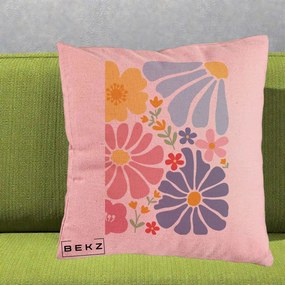Perna Decorativa Flori Grafice Pastel Multicolor, 40x40 cm, Roz, Husa Detasabila, Perna Inclusa, BEKZ®