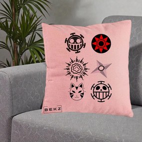 Perna Personalizata Simboluri Anime Mix - Naruto One Piece, 40x40 cm, Roz, Husa Detasabila, Perna Inclusa, BEKZ®