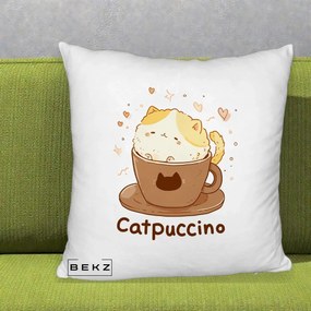 Perna Decorativa Catpuccino Pisica Cappuccino, 40x40 cm, Alb Pufos, Husa Detasabila, Perna Inclusa, BEKZ®