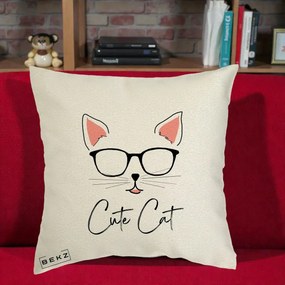 Perna Personalizata Cute Cat cu Ochelari, 40x40 cm, Ecru, Husa Detasabila, Perna Inclusa, BEKZ®
